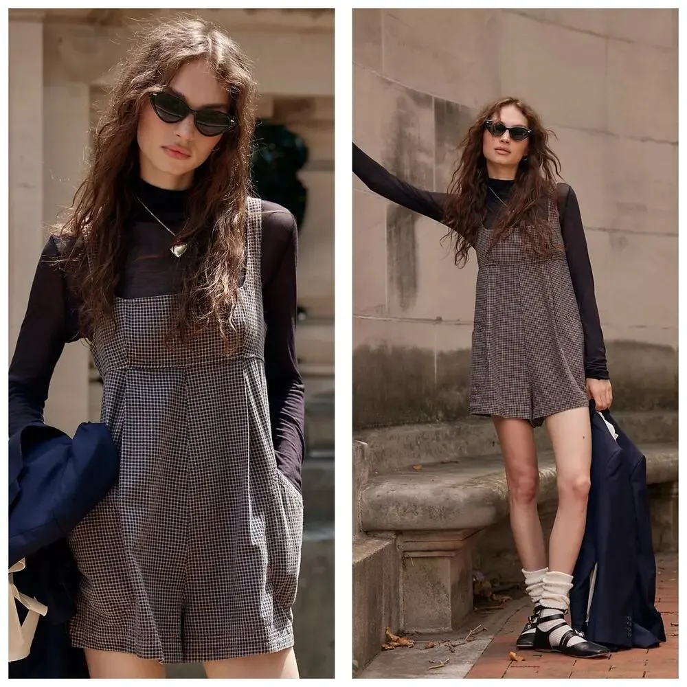 Free People Billie Plaid Playsuit Blue White Oversized Preppy Classic Romper
